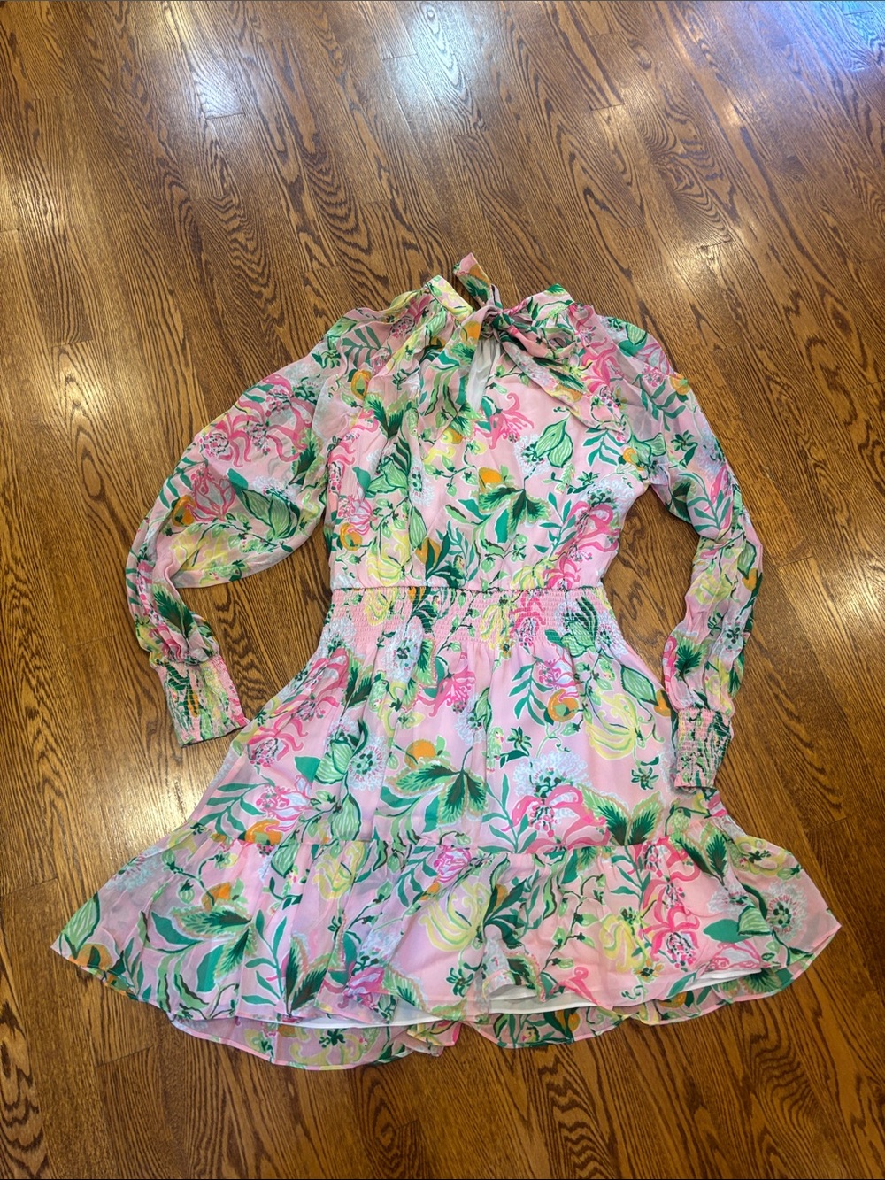 Lilly Pulitzer Hot Pink, Green & Yellow Floral Tie Neck Dress - Picture 4 of 6